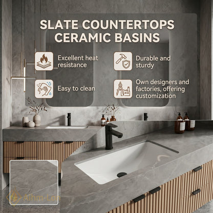 60''-96'' Double Bathroom Vanity with Sink Slatted Wood Front Stone Top Storage