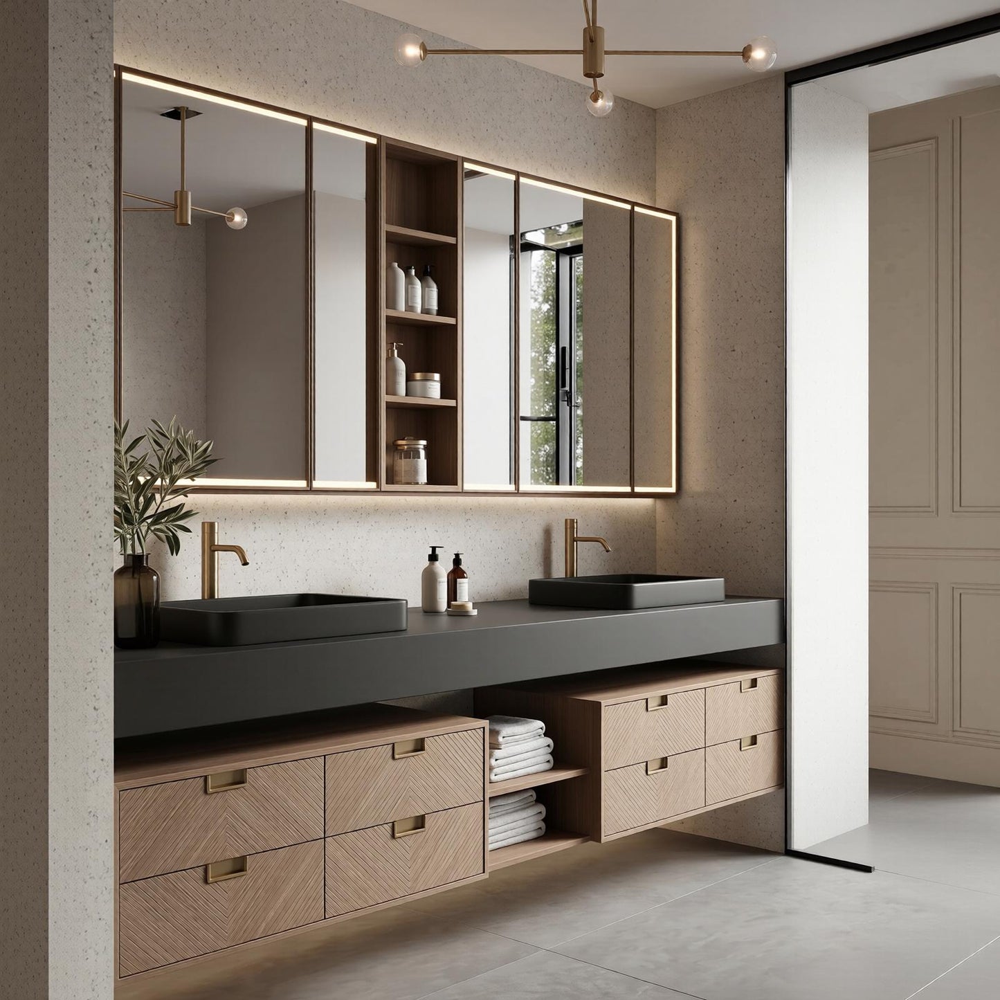 70''-96'' Modern Bathroom Vanity with Sink Double Sink Dark Matte Chevron Drawers Cabinet