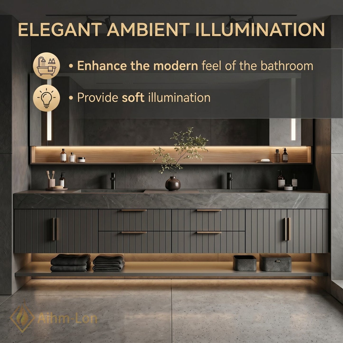 76''-96'' Double Bathroom Vanity with Sink Vertical Slatted Door Panels Dark Grey
