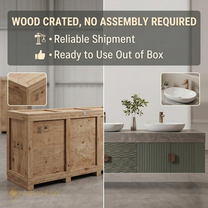 78''-96'' Triple Bathroom Vanity with Sink Sage-Green Floating Fluted Recessed Basin Panels