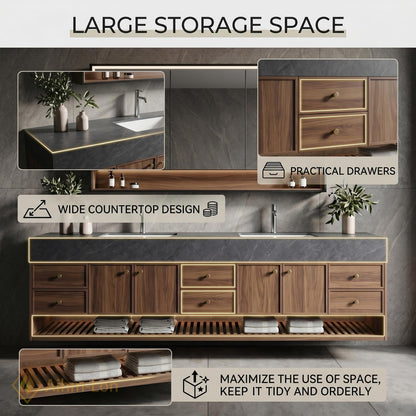 76''-96'' Modern Bathroom Vanity with Sink Floating Dark Stone Slatted Shelf Drawers