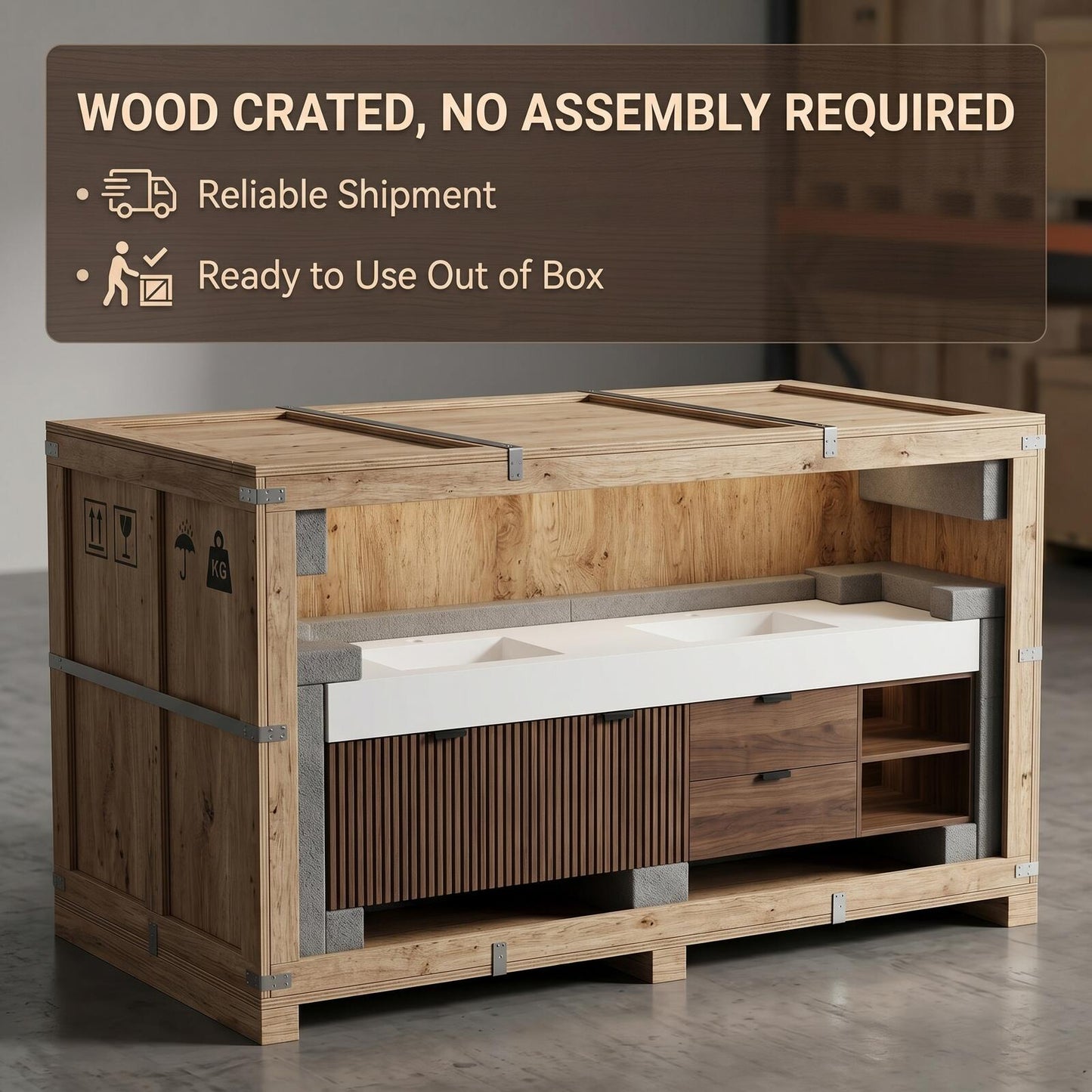 60''-96'' Modern Bathroom Vanity with Sink Double Sink Slatted Wood Front Solid Drawers Cabinet