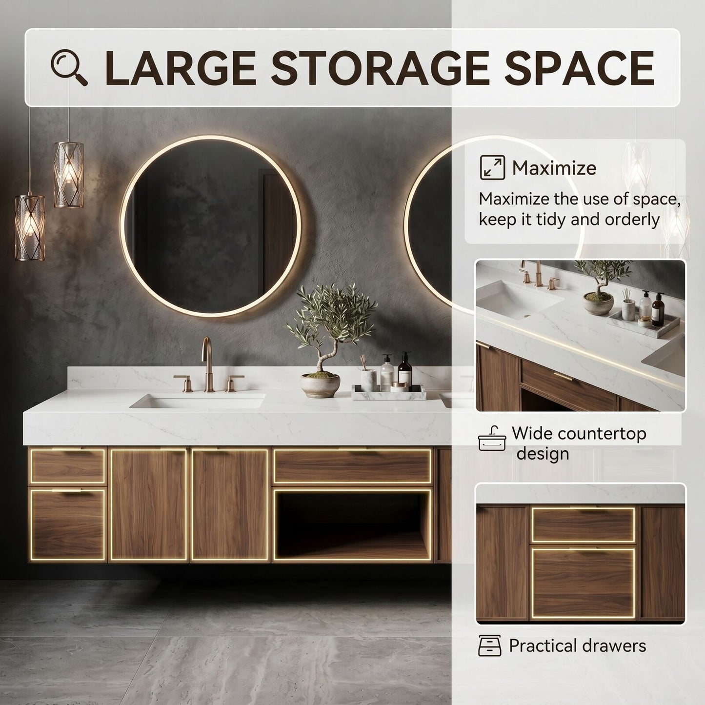 70''-96'' Modern Bathroom Vanity with Sink Double Sink Walnut Wood Marble Floating Cabinet