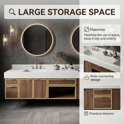 70''-96'' Modern Bathroom Vanity with Sink Double Sink Walnut Wood Marble Floating Cabinet