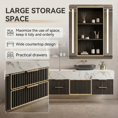 70''-96'' Modern Bathroom Vanity with Sink Double Basin Dark Walnut Slatted Panel