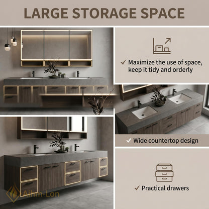 70''-96'' Modern Double Floating Bathroom Vanity with Sink Dark Center Slatted Panel