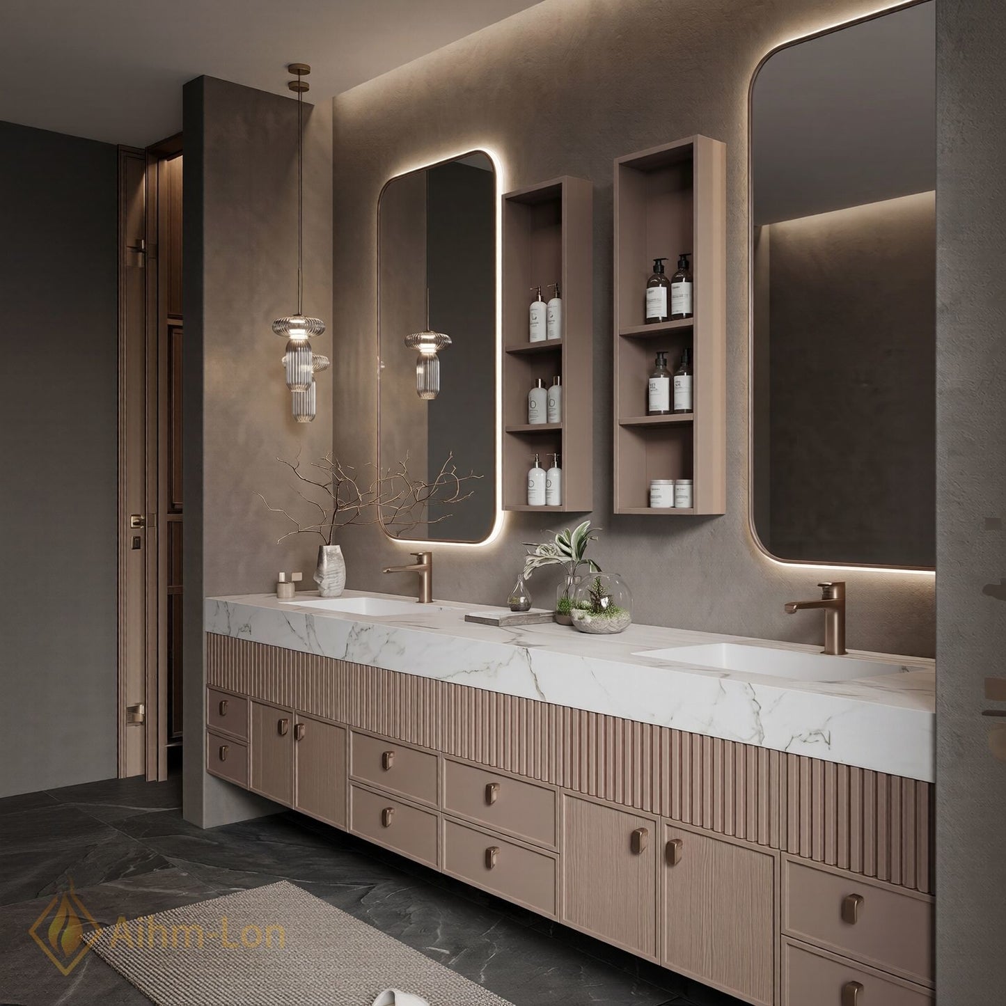 76''-96'' Double Bathroom Vanity with Sink Floating Slatted Wood Design Wide Marble