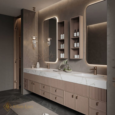 76''-96'' Double Bathroom Vanity with Sink Floating Slatted Wood Design Wide Marble