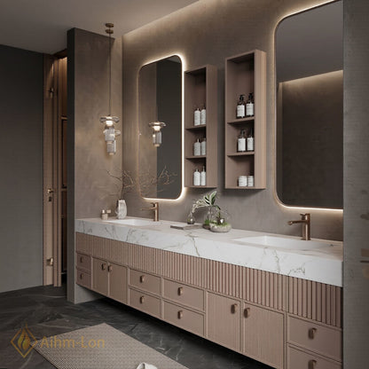 76''-96'' Double Bathroom Vanity with Sink Floating Slatted Wood Design Wide Marble