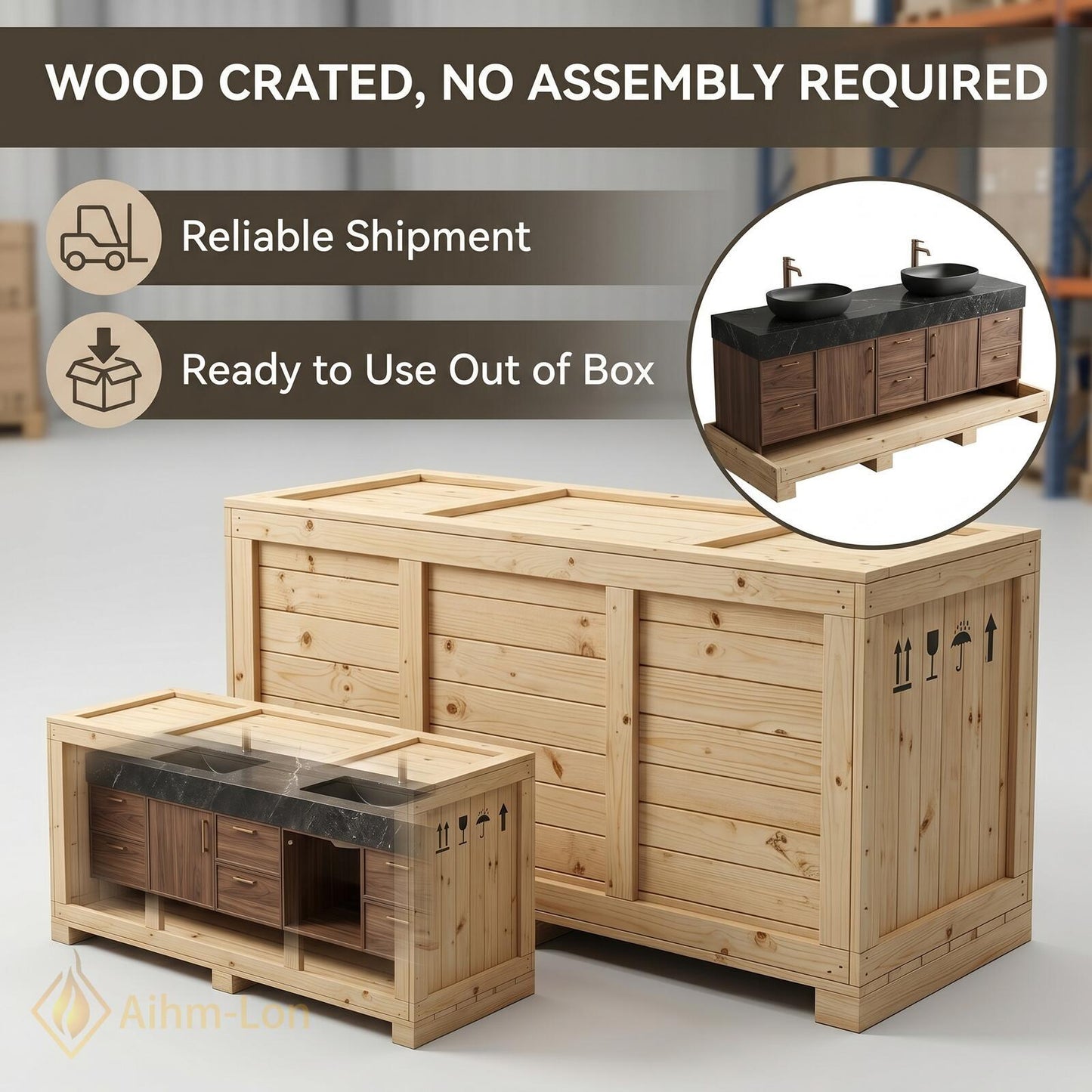 70''-96'' Double Bathroom Vanity with Sink Wood Walnut Modern Slatted Back Rich