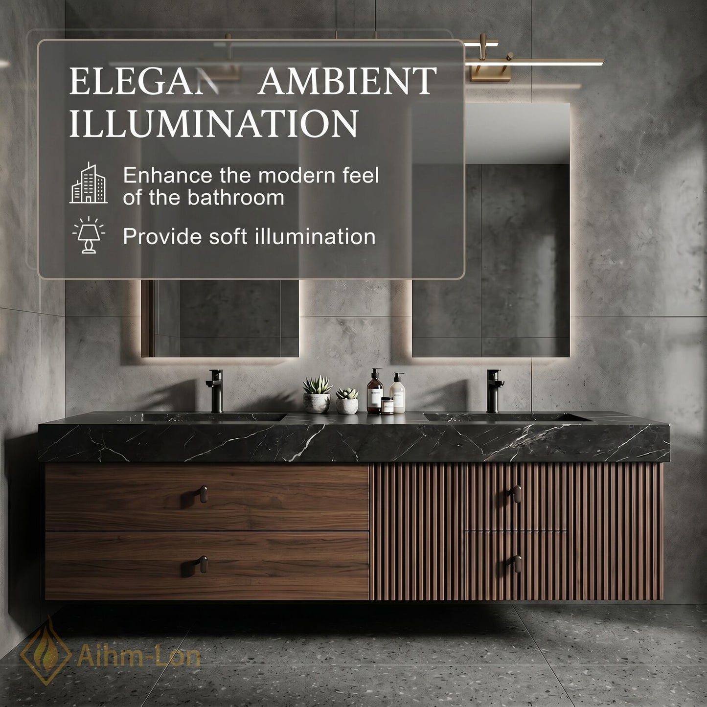 60''-96'' Double Bathroom Vanity with Sink Slat-Front Lower Cabinet Wall-Mounted Slat Dark
