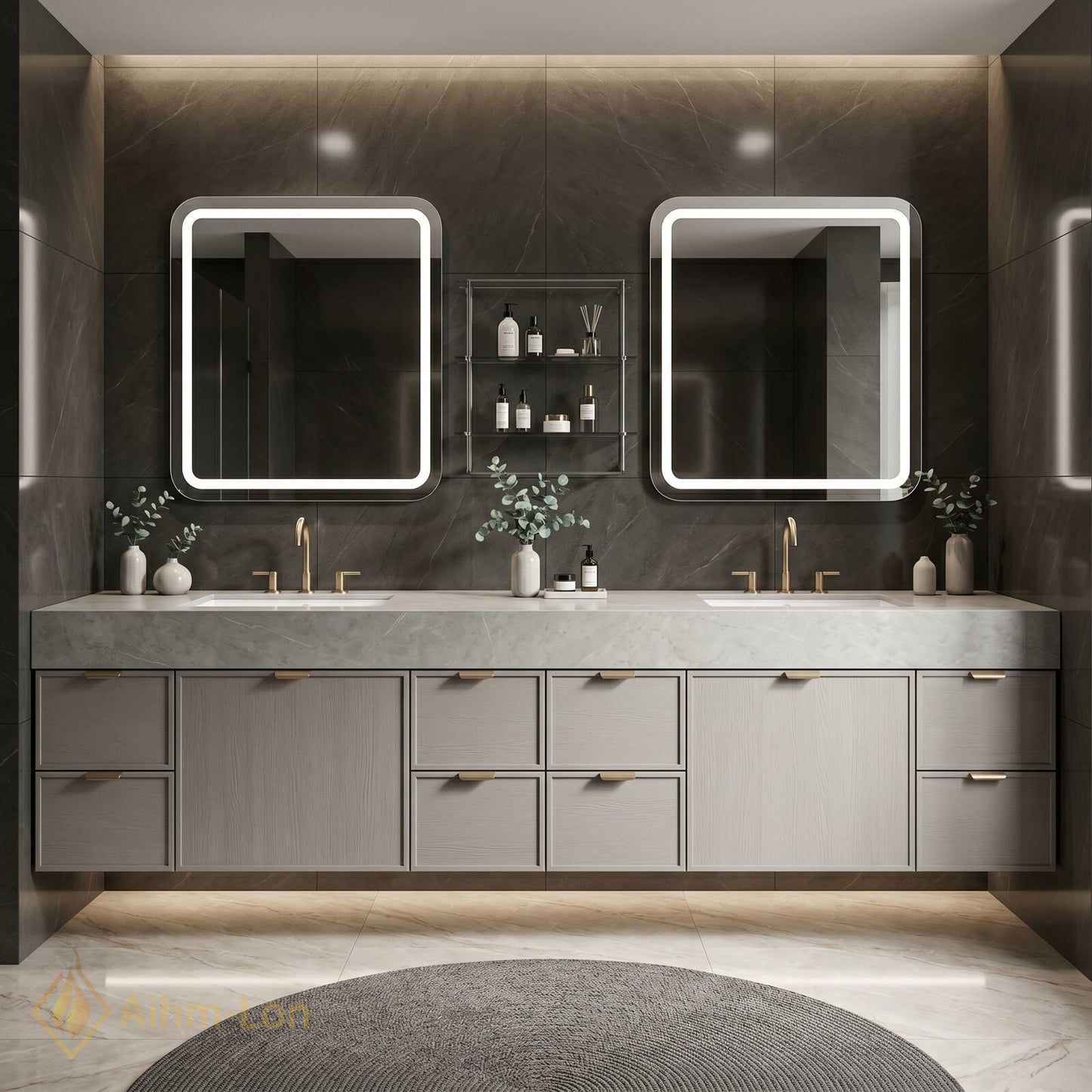 76''-96'' Double Bathroom Vanity with Sink Grey Floating Modern Wood-Grain Mirror-Cabinet Vanities