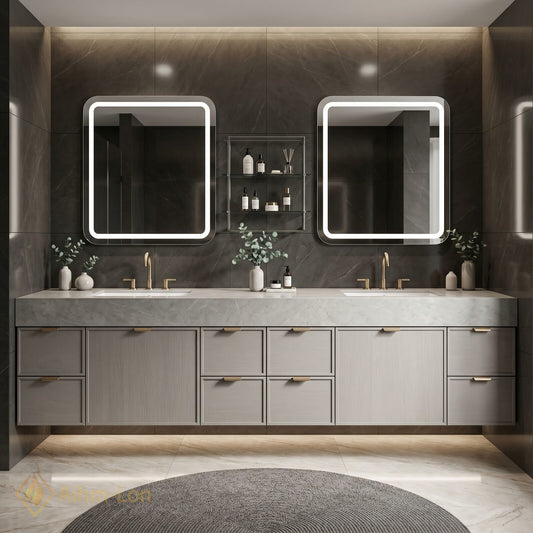 76''-96'' Double Bathroom Vanity with Sink Grey Floating Modern Wood-Grain Mirror-Cabinet Vanities