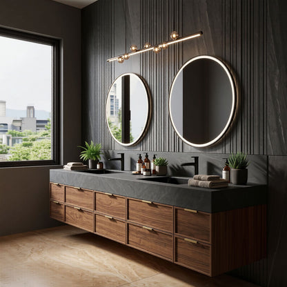 70''-96'' Floating Bathroom Vanity with Sink Double Circular Mirrors Warm Wood Grain Cabinet