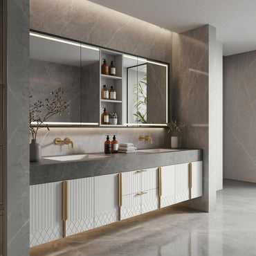 60''-96'' Double Bathroom Vanity with Sink Modern Floating Grey Marble White Vertical Stripe