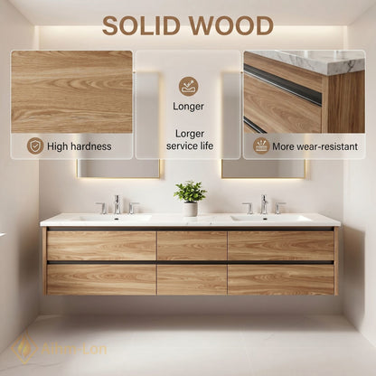 60''-96'' Modern Bathroom Vanity with Sink Floating Marble Drawers Illuminated Mirror