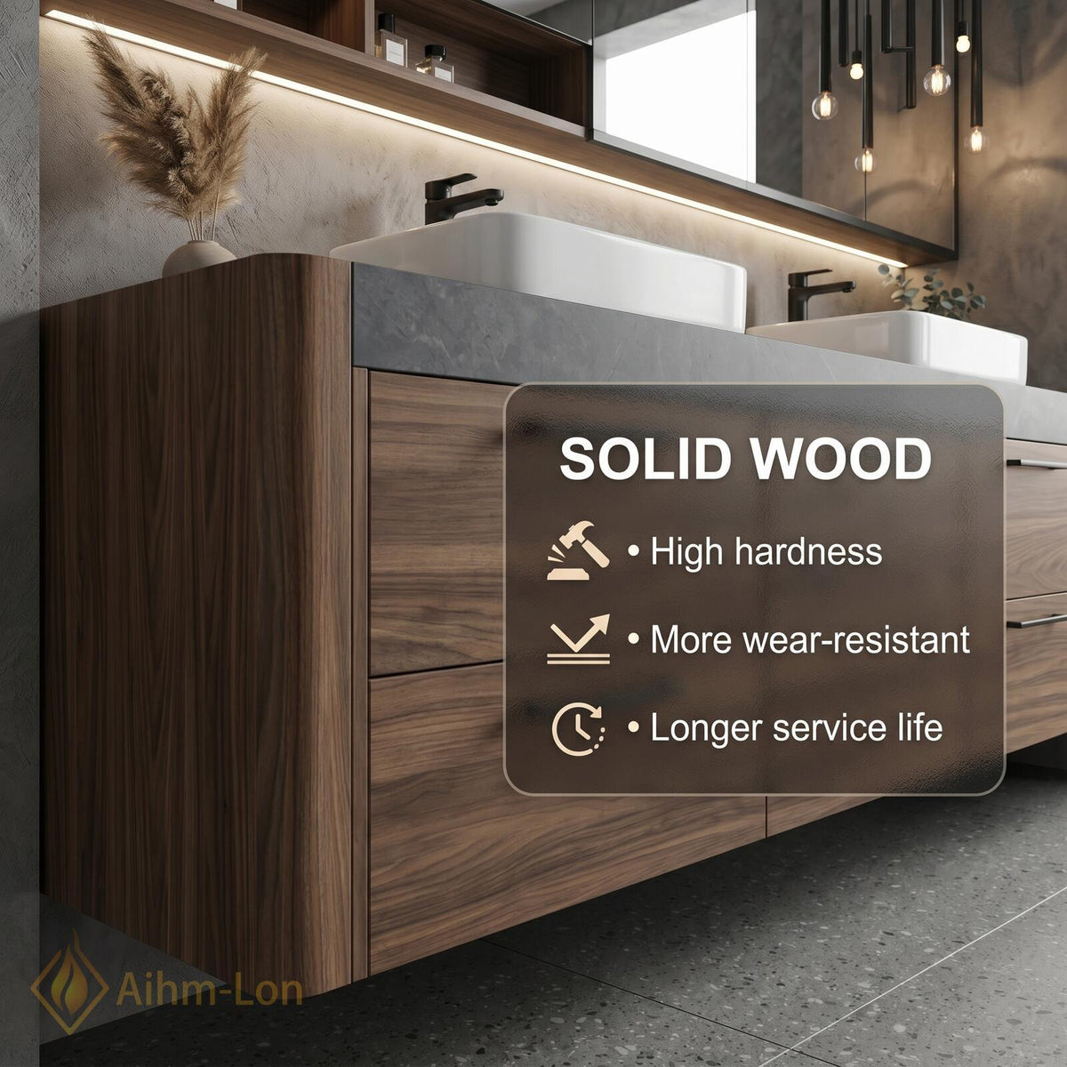 60''-96'' Double Bathroom Vanity with Sink Floating Dark Stone Top Warm Wood