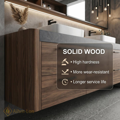 60''-96'' Double Bathroom Vanity with Sink Floating Dark Stone Top Warm Wood