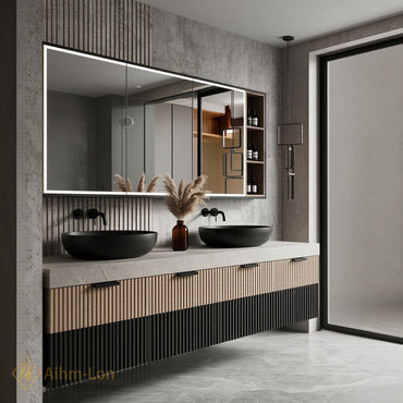 60''-96'' Double Bathroom Vanity with Sink Floating Stone-Like Countertop Two-Tone Vertical Slats