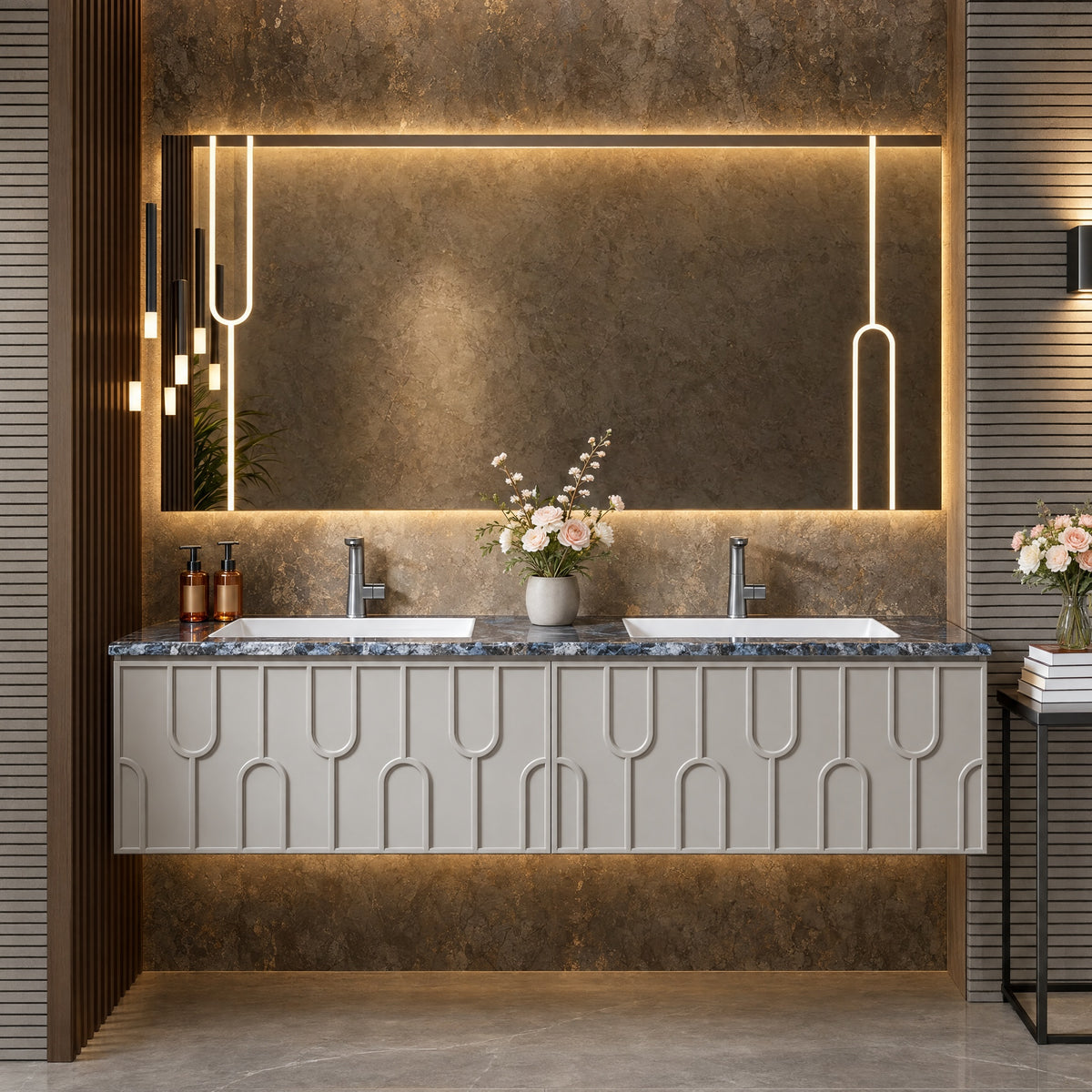Double Sink Bathroom Vanity with Textured Cabinet Door