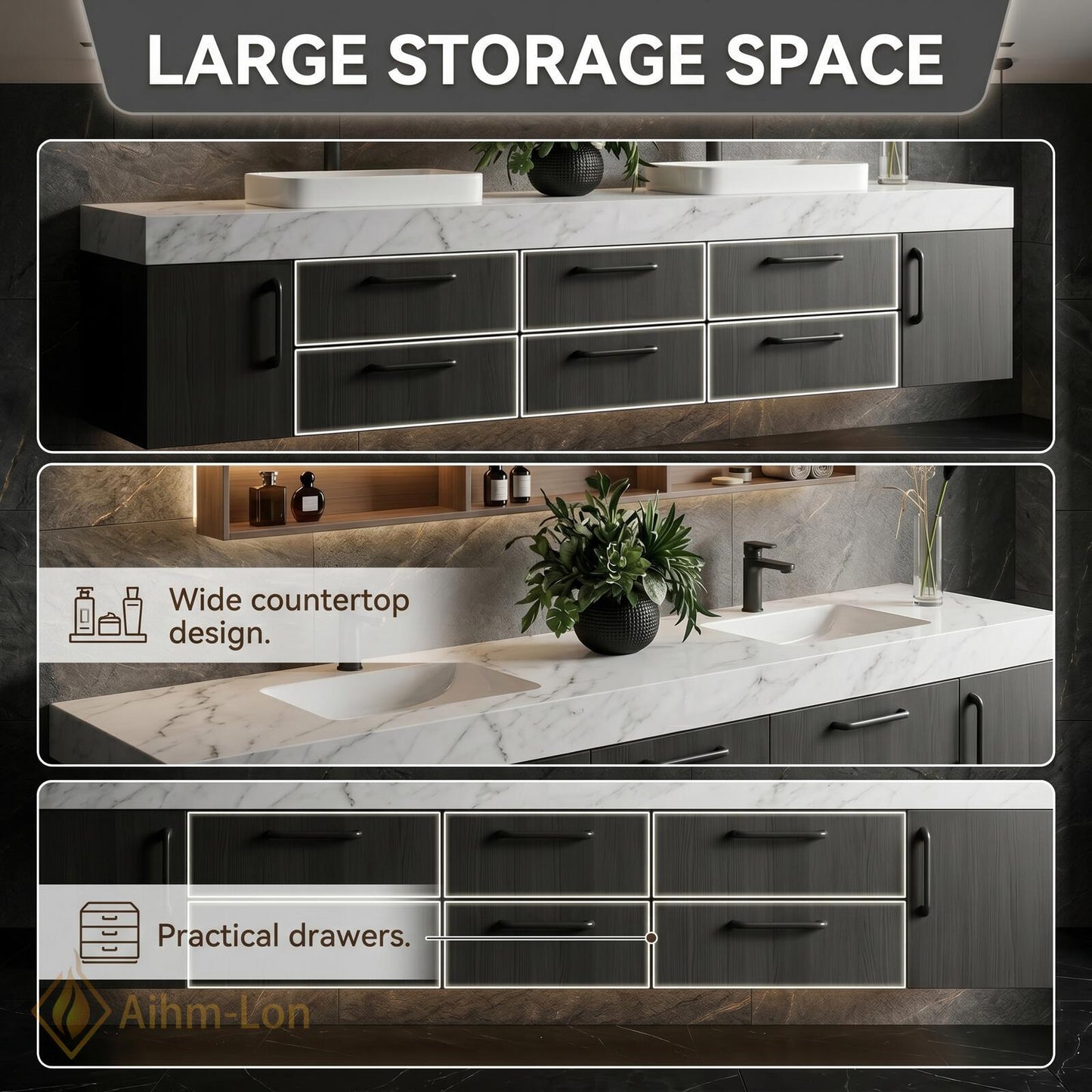 72''-96'' Double Bathroom Vanity with Sink White Modern Floating Marble-Top Large