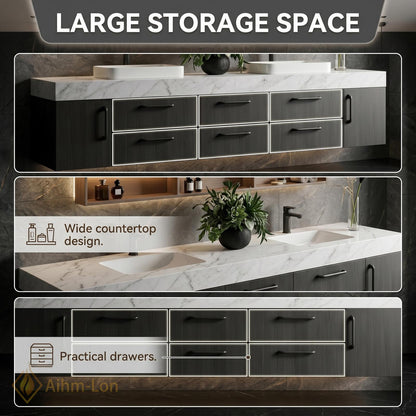 72''-96'' Double Bathroom Vanity with Sink White Modern Floating Marble-Top Large