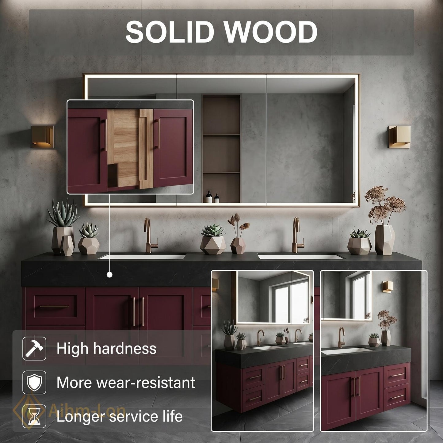 72''-96'' Double Bathroom Vanity with Sink Black Modern Floating Stone-Top Open