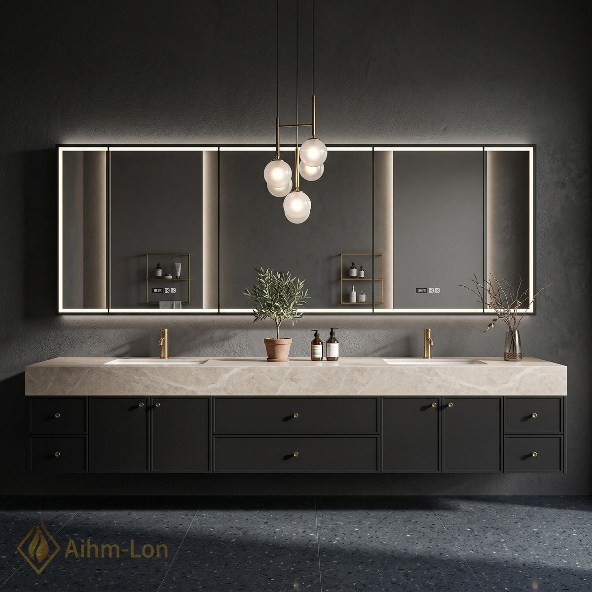 60''-96'' Double Bathroom Vanity with Sink Long Dark Matte Finish Stone Top