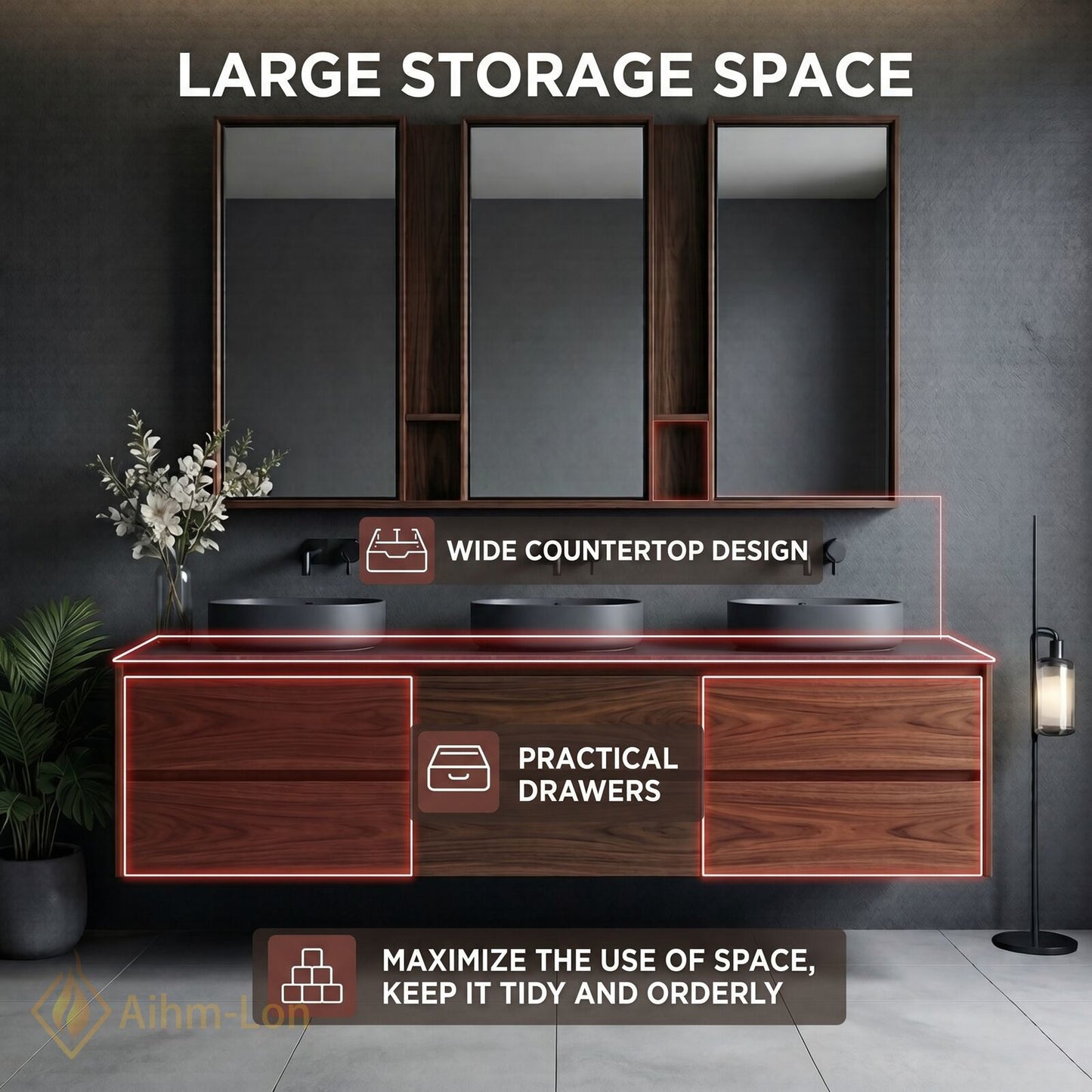78''-96'' Modern Bathroom Vanity with Sink Triple Dark Walnut Grey Open Shelving Drawers
