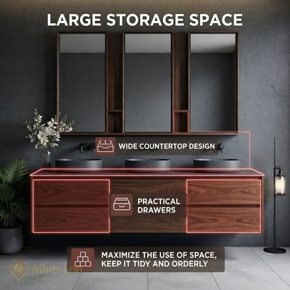 78''-96'' Modern Bathroom Vanity with Sink Triple Dark Walnut Grey Open Shelving Drawers
