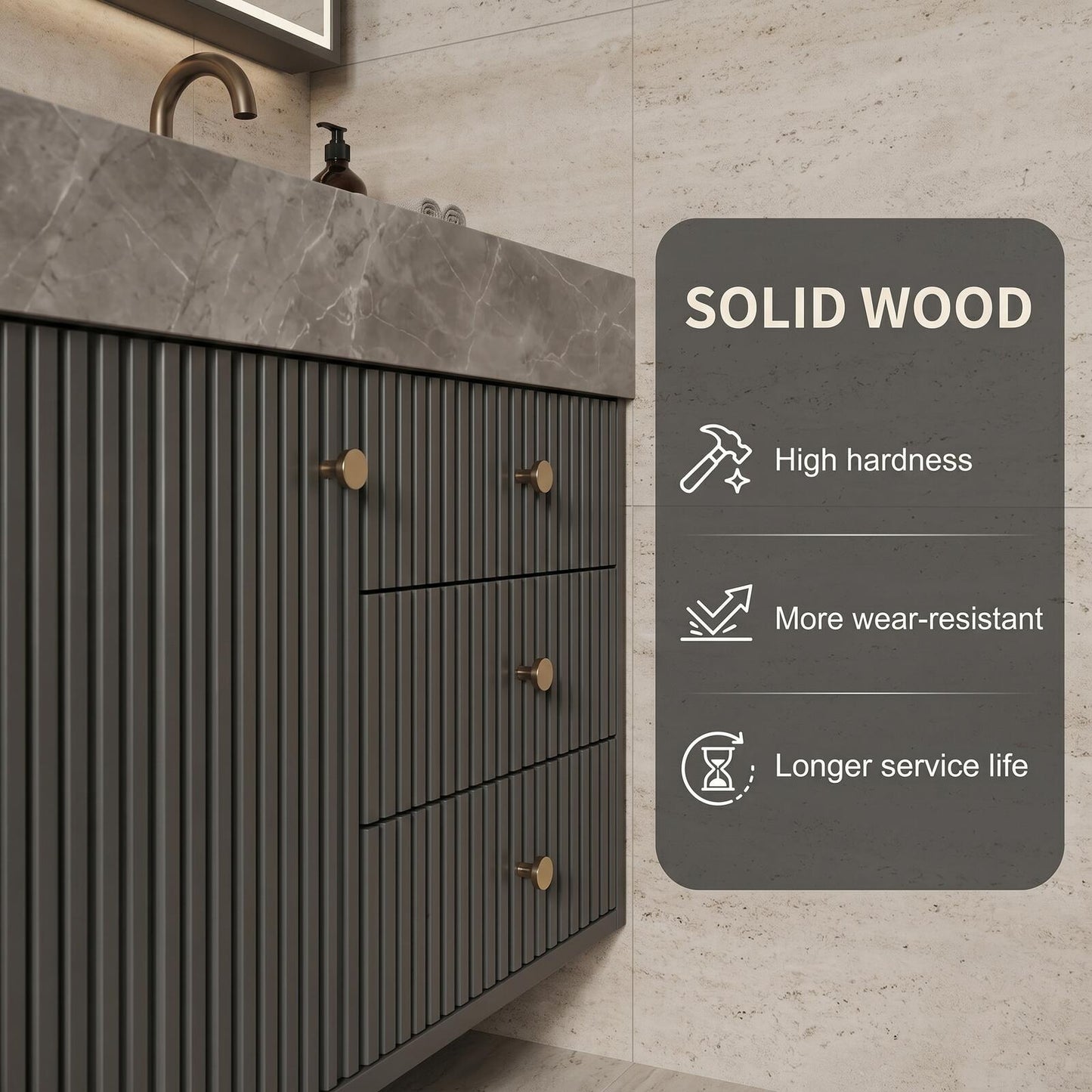 60''-96'' Modern Bathroom Vanity with Sink Double Sink Slatted Front Stone-Look Center Cabinet