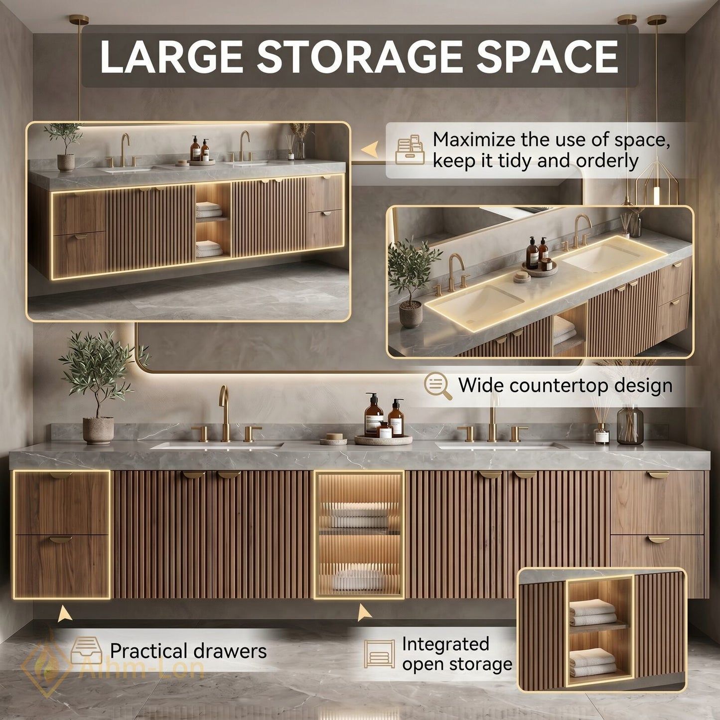 70''-96'' Double Bathroom Vanity with Sink Floating Elegant Slat Design Wooden Textured