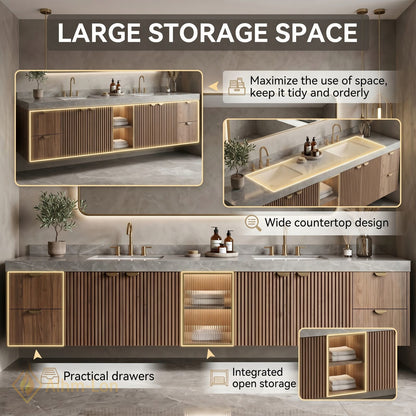 70''-96'' Double Bathroom Vanity with Sink Floating Elegant Slat Design Wooden Textured