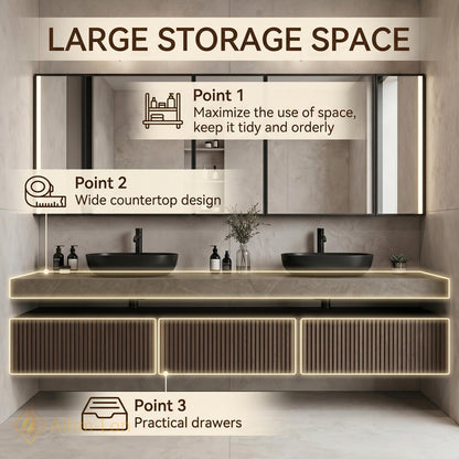 60''-96'' Double Bathroom Vanity with Sink Dark Walnut Slatted Center Panel Modern