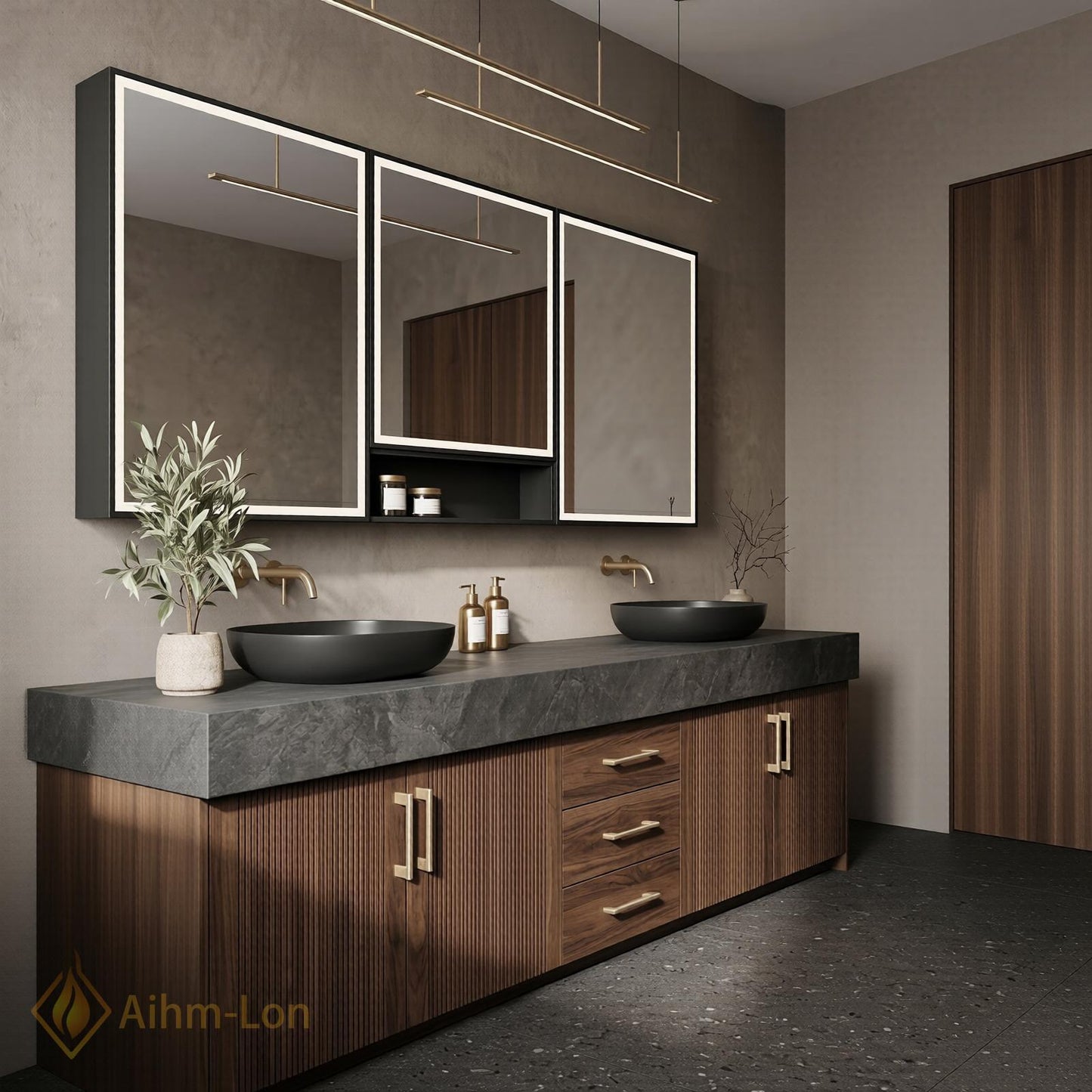 60''-96'' Double Bathroom Vanity with Sink Dark Stone Top Slatted Wood Drawers