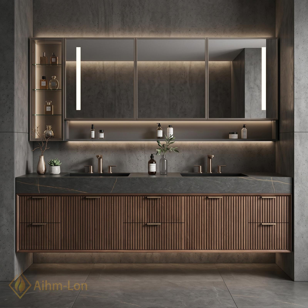 60''-96'' Double Bathroom Vanity with Sink Dark Walnut Finish Slatted Panel Shelving