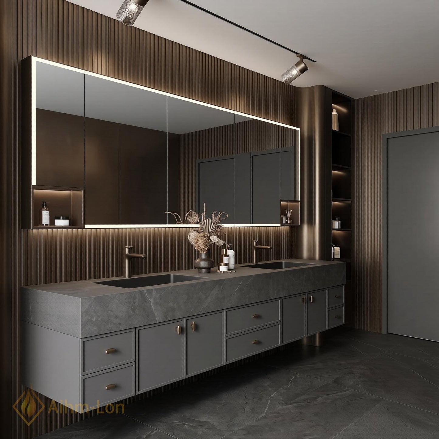 70''-96'' Double Bathroom Vanity with Sink Floating Dark Stone Wall-Mounted Mirror Cabinet
