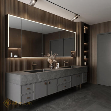 70''-96'' Double Bathroom Vanity with Sink Floating Dark Stone Wall-Mounted Mirror Cabinet