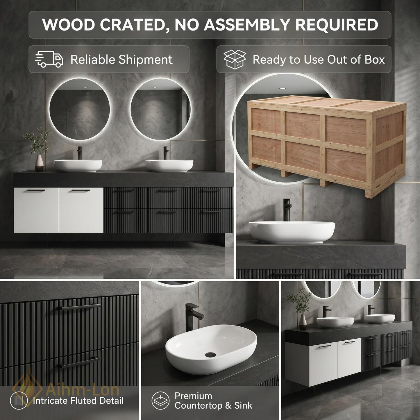 76''-96'' Double Bathroom Vanity with Sink Modern Floating Drawers Storage Dual Tone