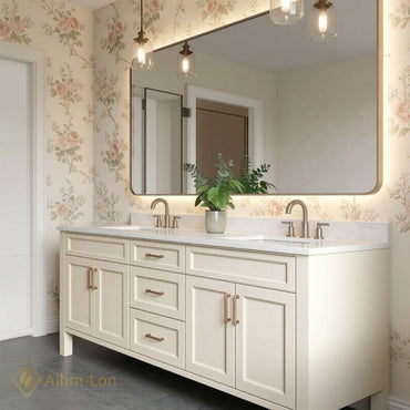 60''-96'' Classic Bathroom Vanity with Sink Cream Painted Side Drawers Cabinet