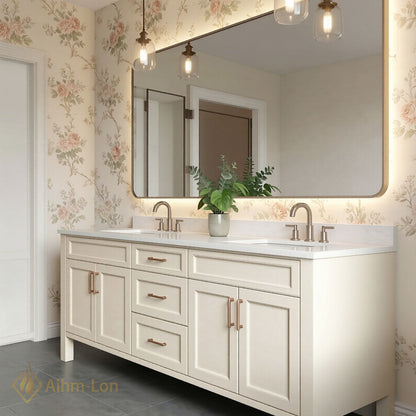 60''-96'' Classic Bathroom Vanity with Sink Cream Painted Side Drawers Cabinet