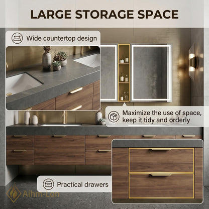 60''-96'' Double Bathroom Vanity with Sink Deep Grey Stone Wood Grain Drawers