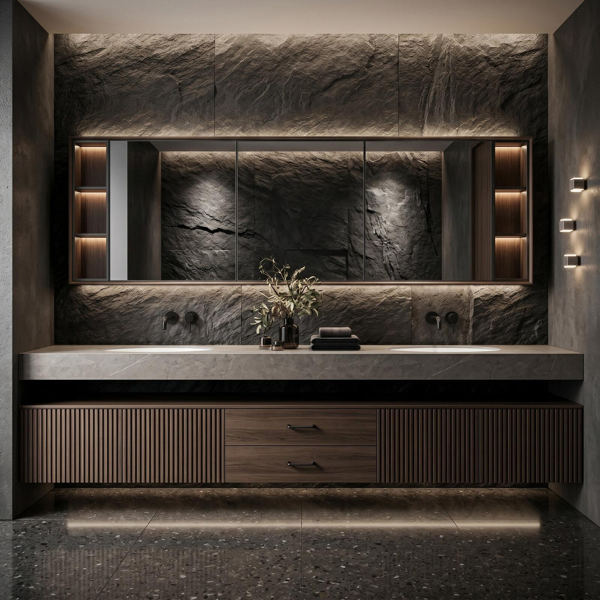60''-96'' Double Bathroom Vanity with Sink Sleek Floating Slate-Look Slatted Panels Under-Mirror