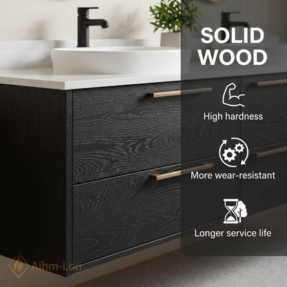 60''-96'' Modern Bathroom Vanity with Sink Floating Charcoal Wood Grain White Oval Mirrors