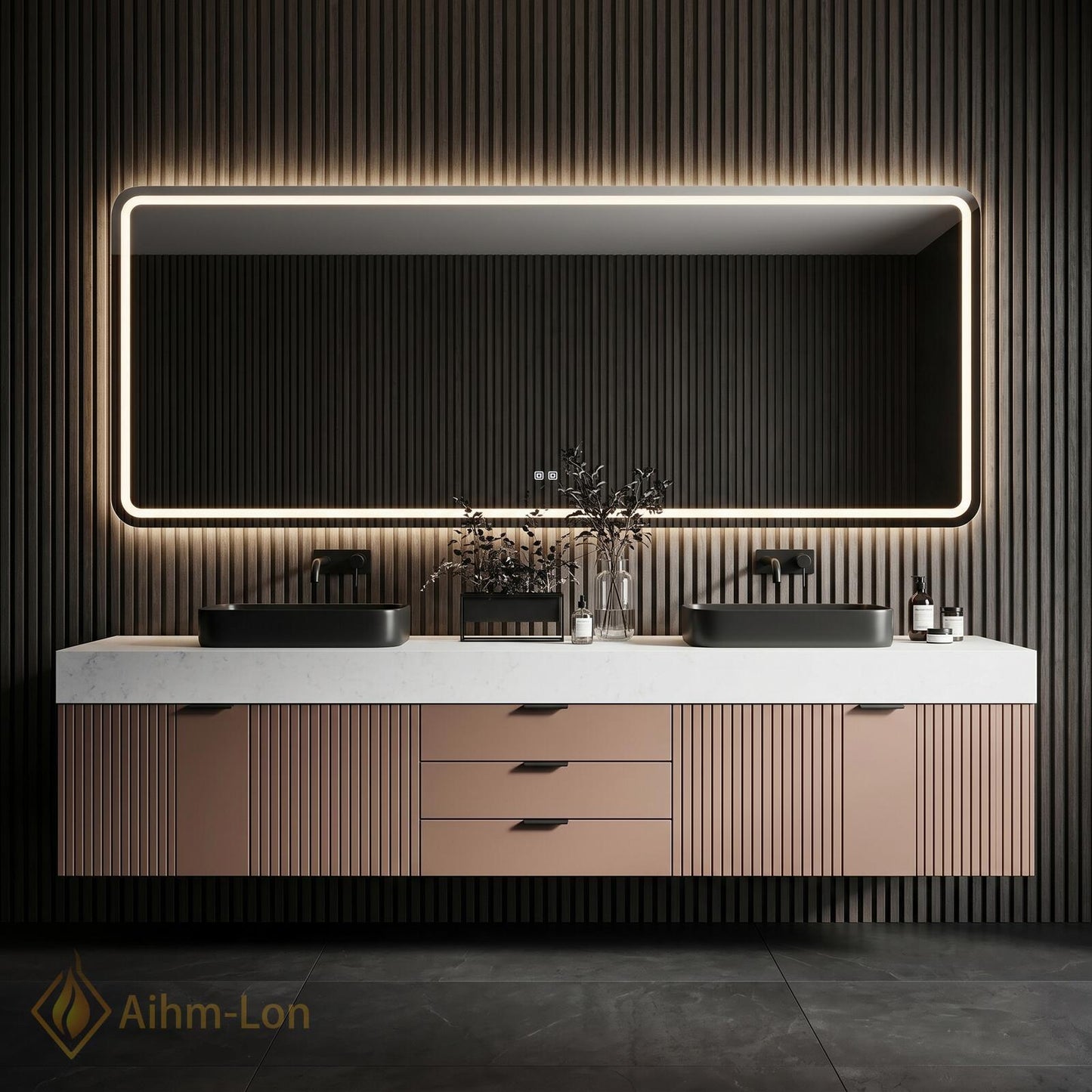 60''-96'' Double Bathroom Vanity with Sink Gold Modern Floating Slatted Doors Drawers