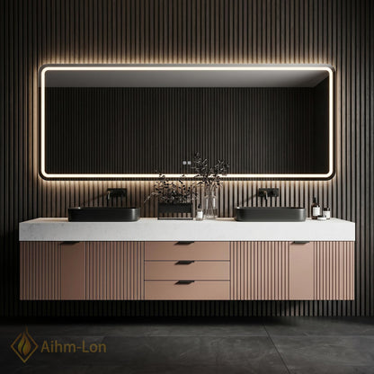60''-96'' Double Bathroom Vanity with Sink Gold Modern Floating Slatted Doors Drawers