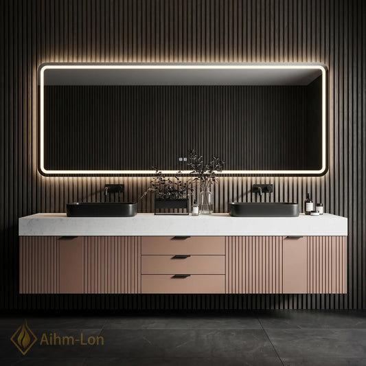60''-96'' Double Bathroom Vanity with Sink Gold Modern Floating Slatted Doors Drawers
