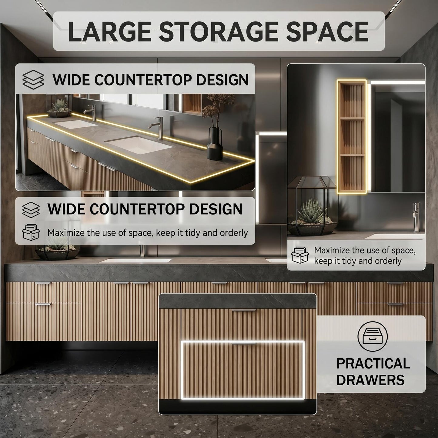 76''-96'' Modern Bathroom Vanity with Sink Double Sink Ribbed Wood Dark Stone Countertop Cabinet