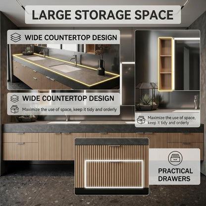 76''-96'' Modern Bathroom Vanity with Sink Double Sink Ribbed Wood Dark Stone Countertop Cabinet
