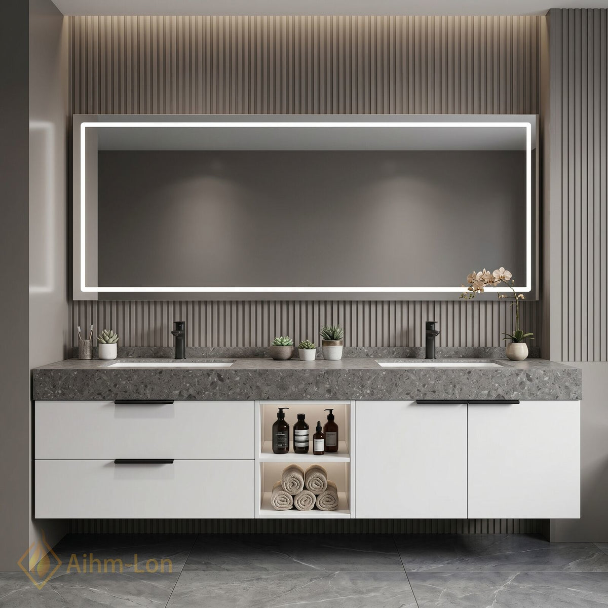 60''-96'' Double Bathroom Vanity with Sink Illuminated Mirror Cabinet Grey Stone Top